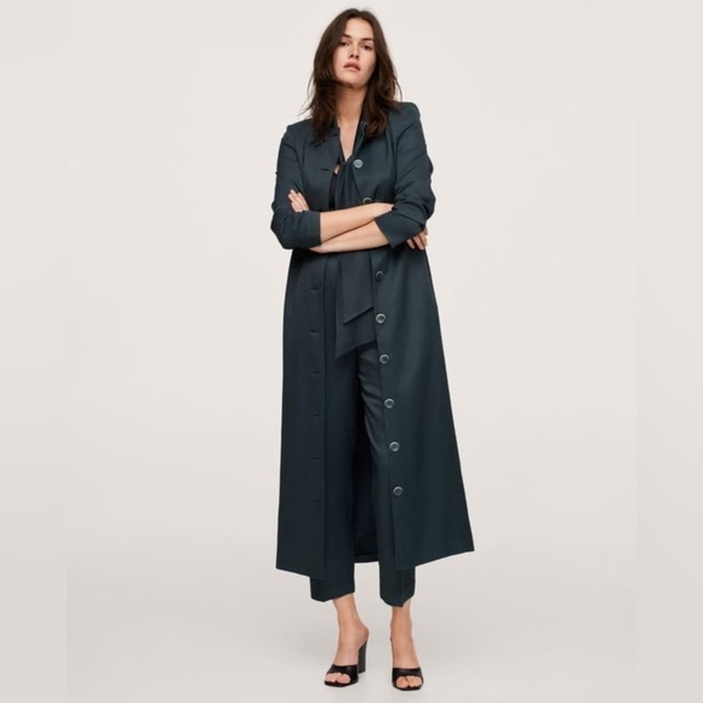 MANGO Niagara Elegant Tie Neck Coat Dark Green Linen Blend Size Small NWT